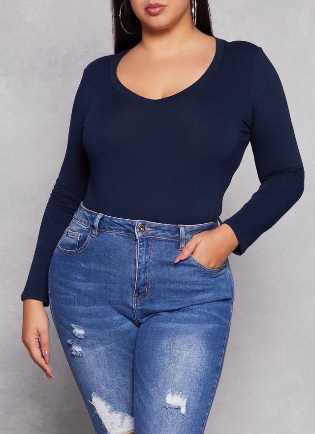 Womens Plus Size Basic Long Sleeve V Neck Tee Product Image