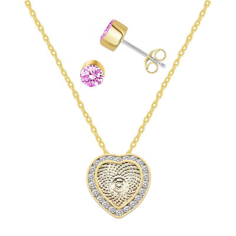 Royal Aura Pink Laser Cut Heart Pendant & Pink Crystal Stud Earring Set, Womens Gold Tone Pink Product Image