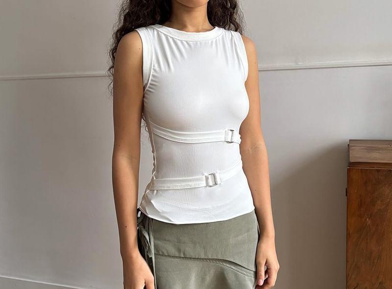 Sleeveless Crew Neck Buckle Detail Crop Top Product Image