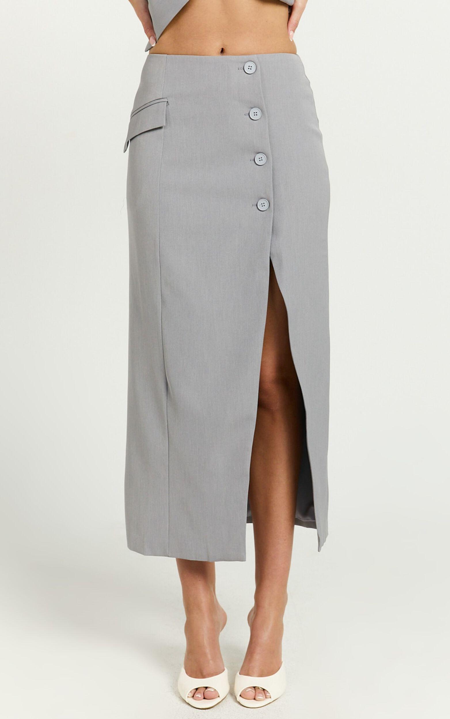 Baylee Midi Skirt - Wrap Front Side Split Skirt in Grey Product Image