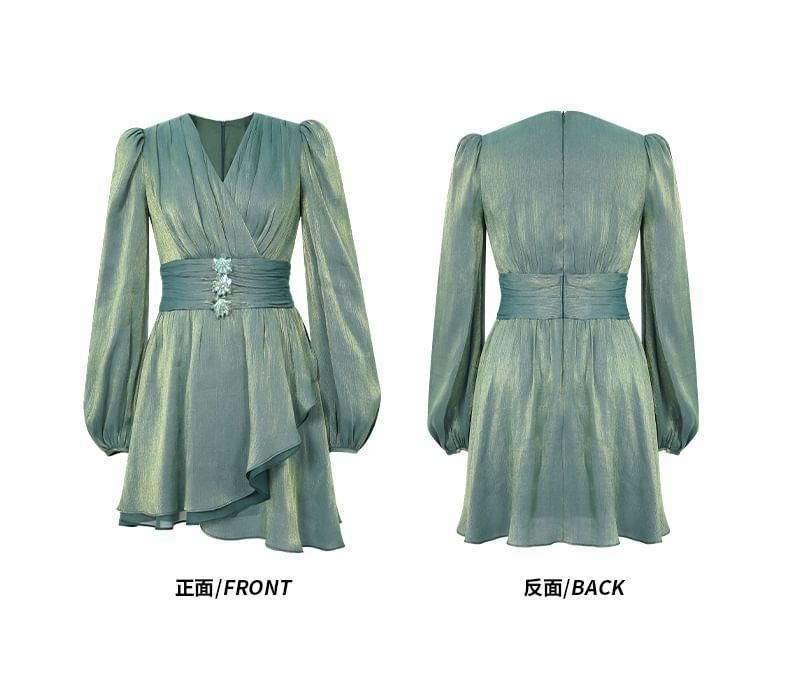 Long-Sleeve V-Neck Flower Accent Asymmetrical Mini A-Line Dress Product Image