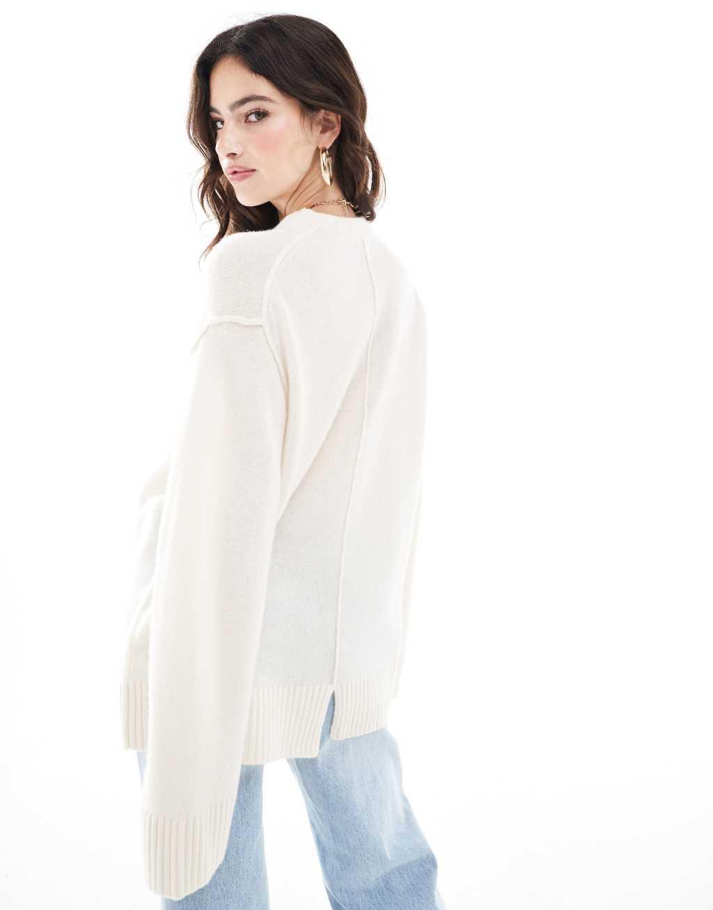 ASOS DESIGN crew neck oversized sweater with seam back detail in lambs wool blend in cream Product Image