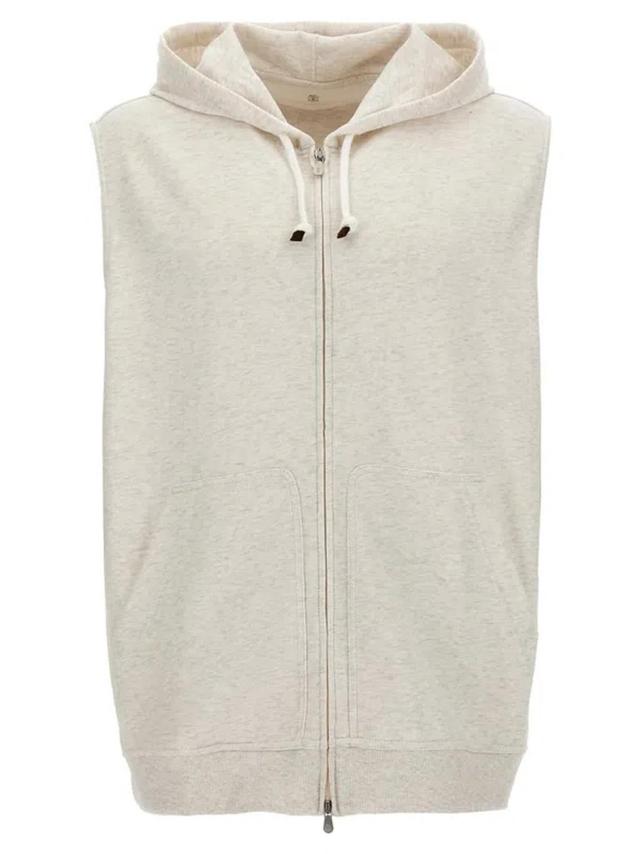 Drawstring Sleeveless Hoodie In Beige Product Image