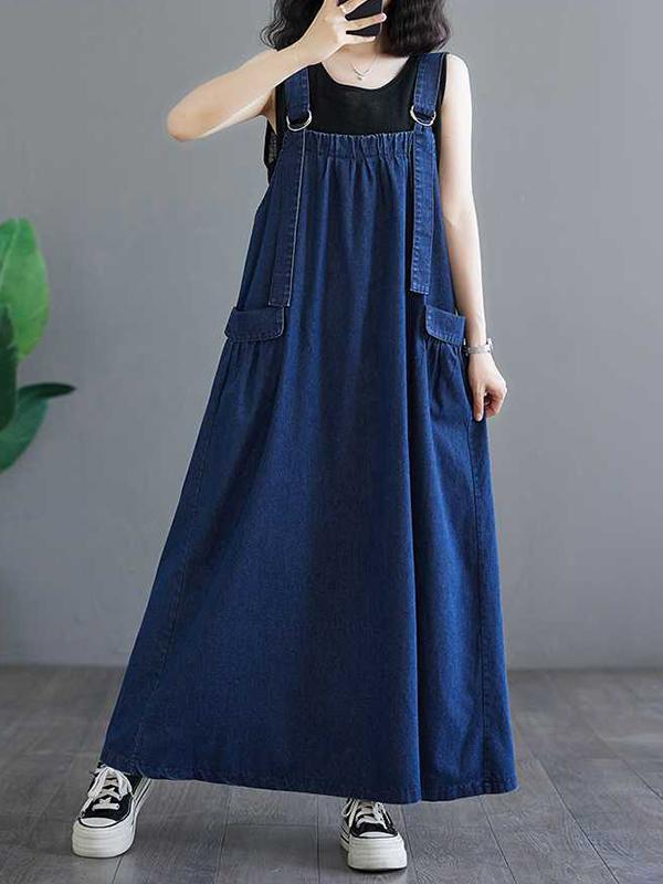 A-Line Loose Pleated Pockets Split-Joint Spaghetti-Neck Maxi Dresses Suspender Dress product image