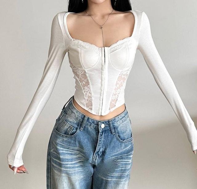 Long-Sleeve Square Neck Plain Lace Panel Hook And Eye Crop Top Product Image