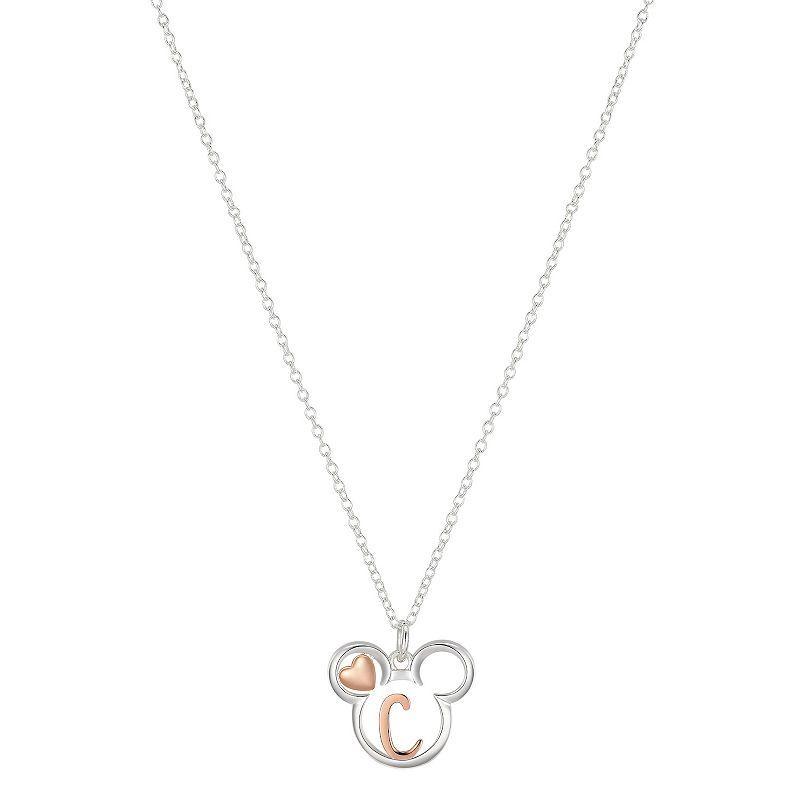 Disneys Mickey Mouse Two Tone 14k Rose Gold & Fine Silver Plated Mickey Letter Initial Heart Pendant Necklace, Womens Pink Product Image