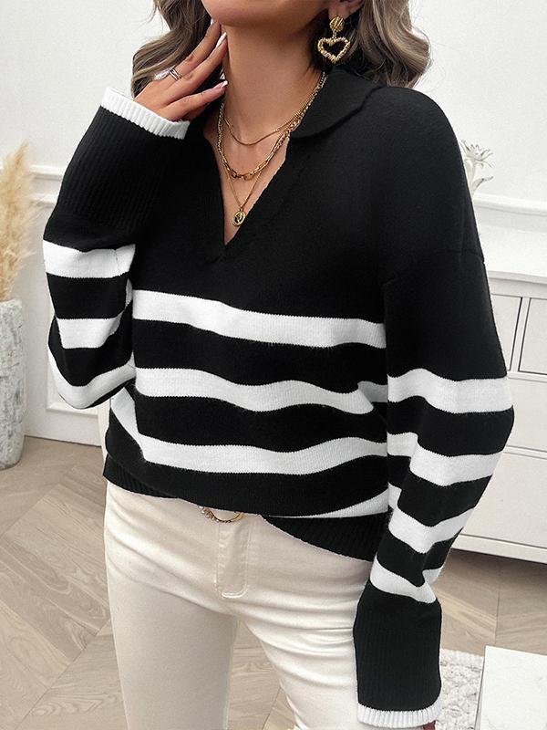 Long Sleeves Loose Contrast Color Striped Lapel Pullovers Sweater Tops Product Image