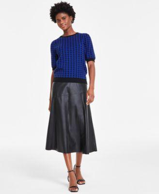 T Tahari Womens Elbow Sleeve Knit Top Paneled Faux Leather Midi Skirt Product Image