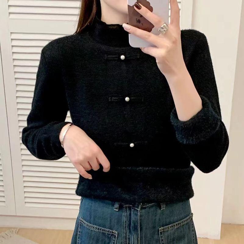 Mock Neck Plain Knot Button Sweater Product Image