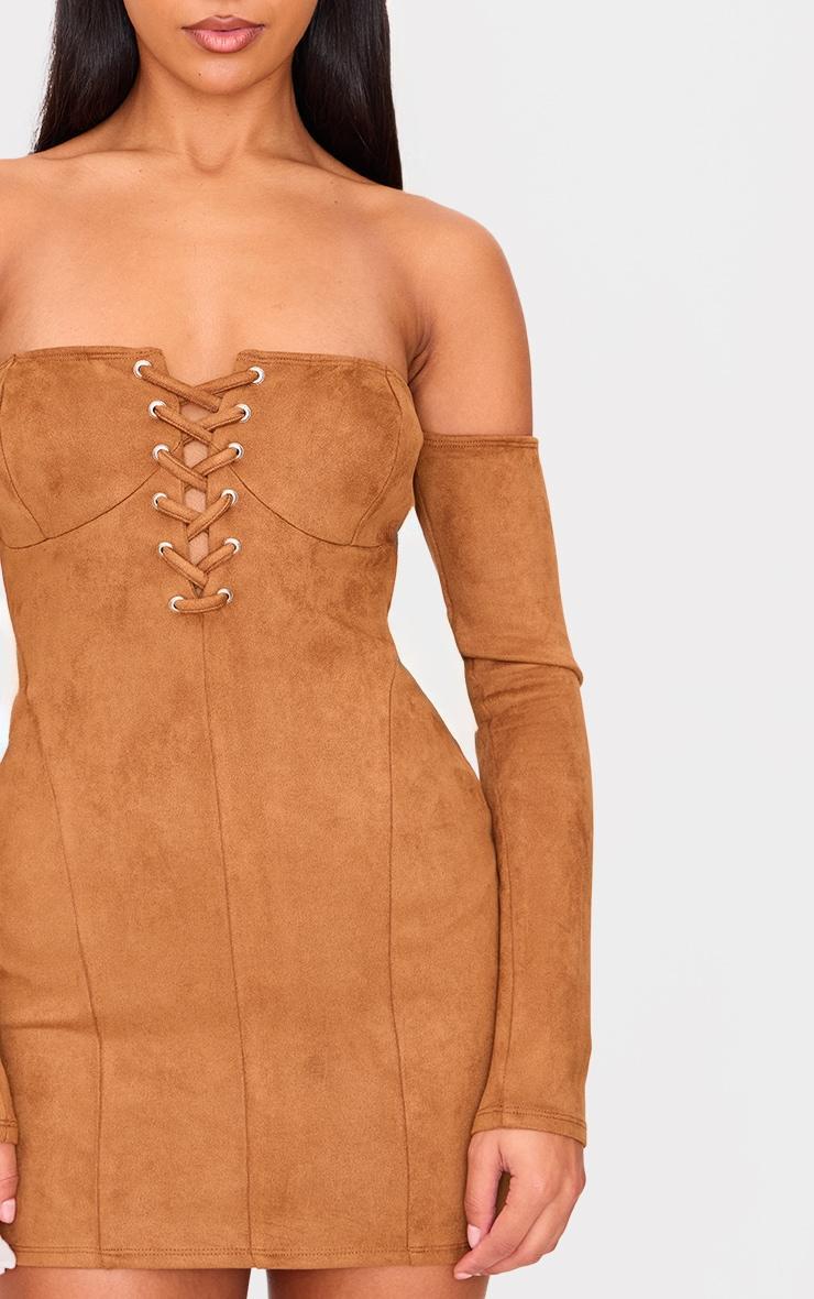 Tan Faux Suede Lace Up Detail Bardot Bodycon Dress Product Image