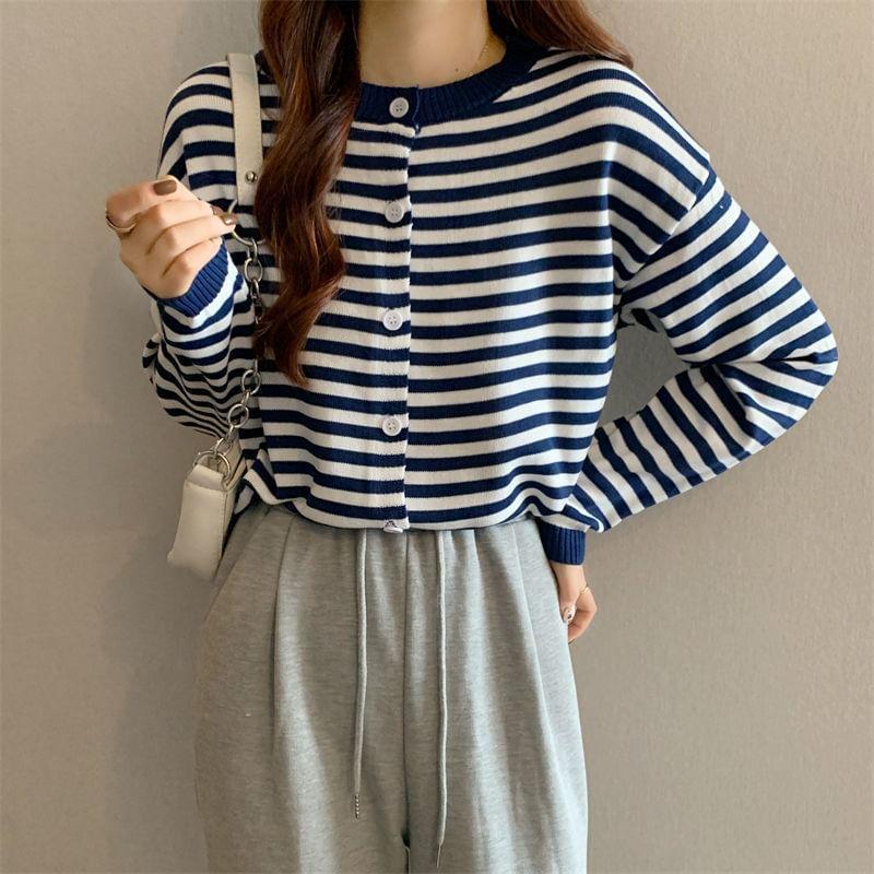 Crew Neck Striped Button Up Cardigan Product Image