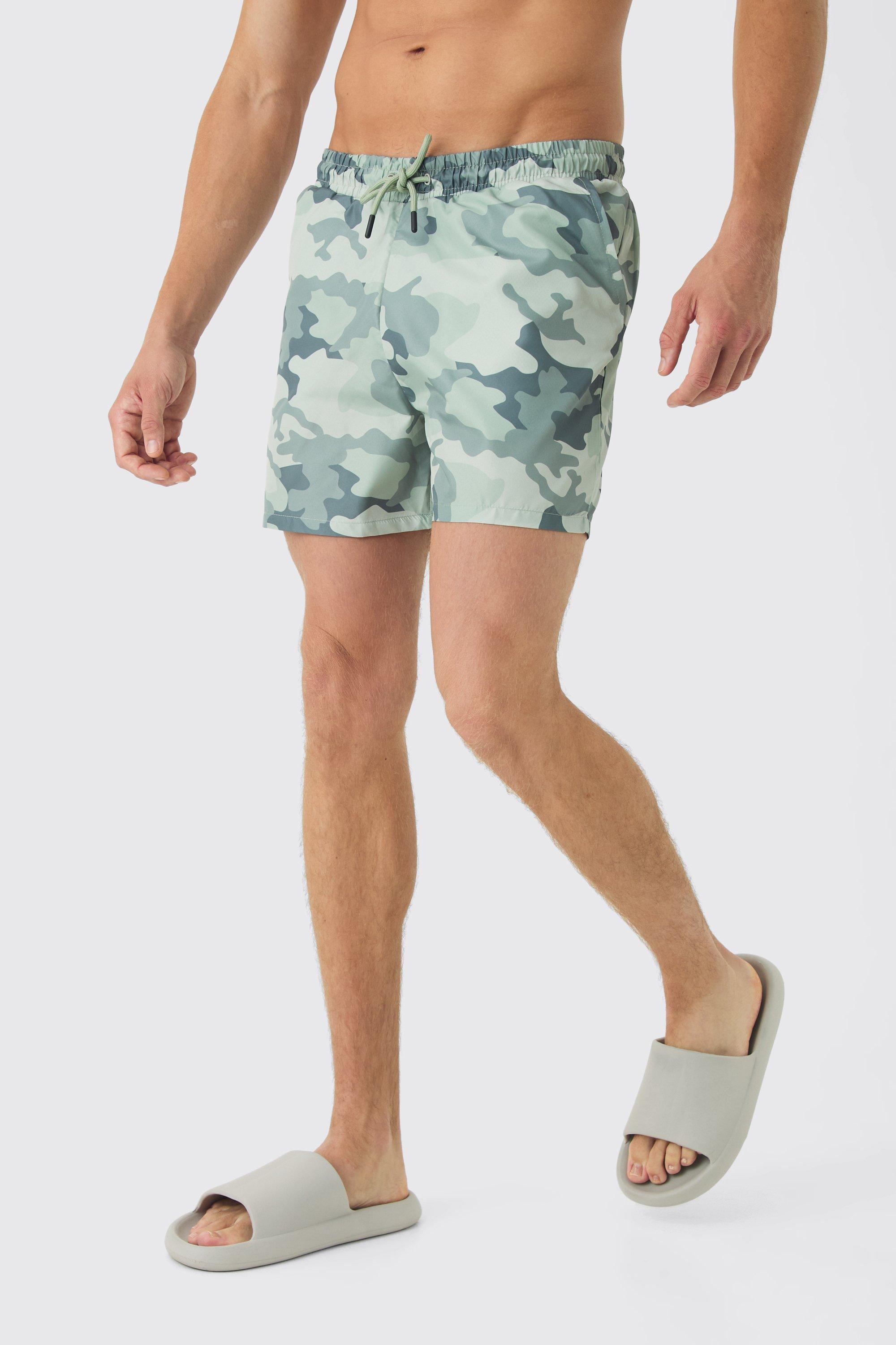 Camo Mid Length Swim Trunks | boohooMAN USA Product Image