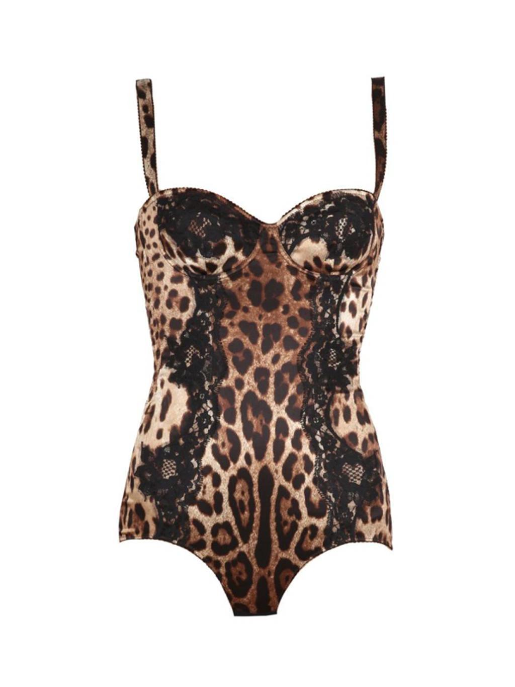 DOLCE & GABBANA Silk Balconette Lingerie Bodysuit With Leopard-print Lace Details In Multicolour Product Image