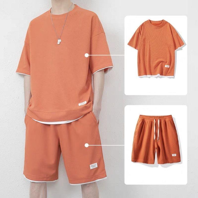 Set: Short-Sleeve Crew Neck Mock Two Piece Waffle T-Shirt + Drawstring Waist Sweat Shorts Product Image