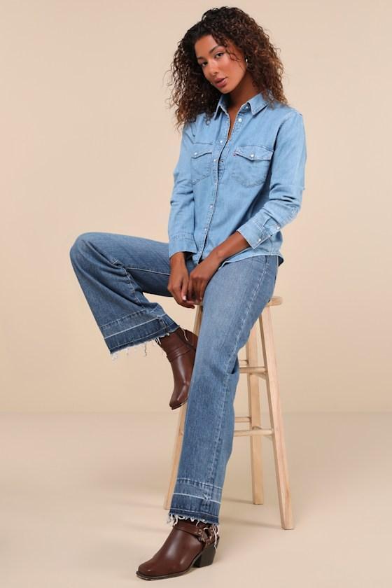 Iconic Western Blue Chambray Pearl Snap Button-Up Top Product Image