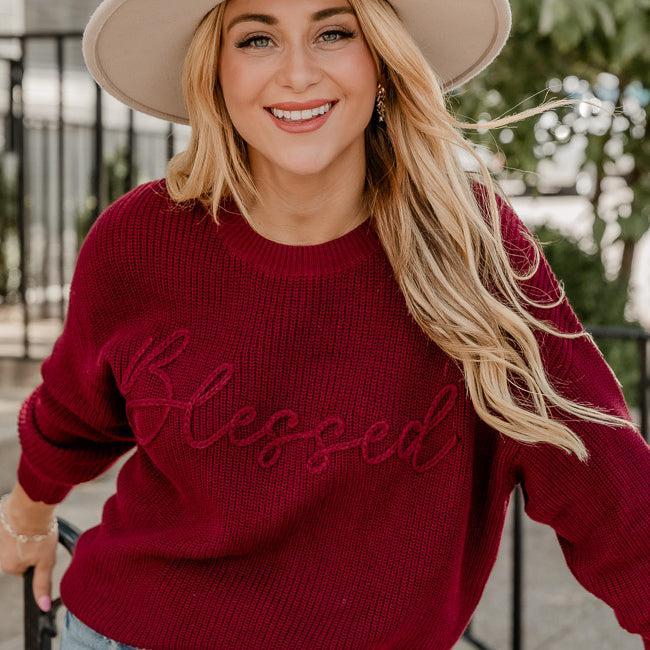 Blessed Burgundy Embroidered Sweater Product Image