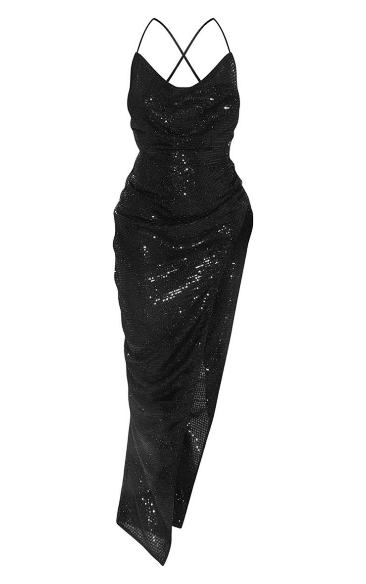 Black Textured Sequin Cowl Neck Thigh Split Maxi Dress Product Image