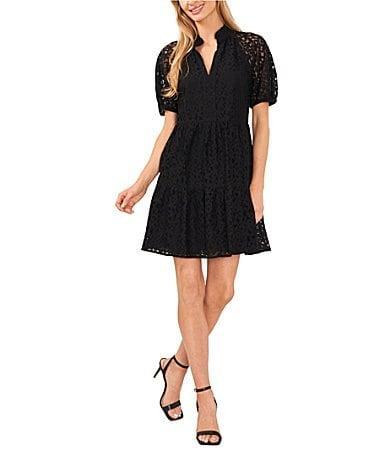 CeCe Babydoll Short Sleeve V-Neck Tiered Lace Mini Dress Product Image