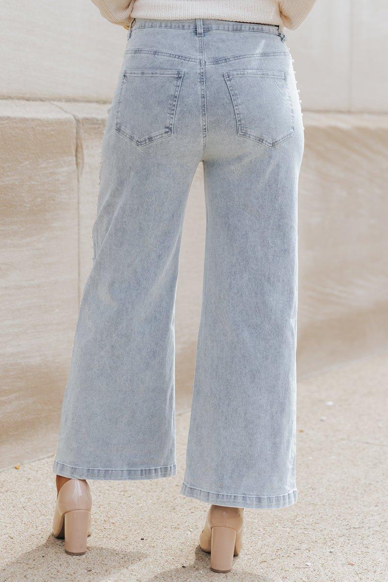 Light Wash Pearl Detail Cropped Jeans - DOORBUSTER Product Image