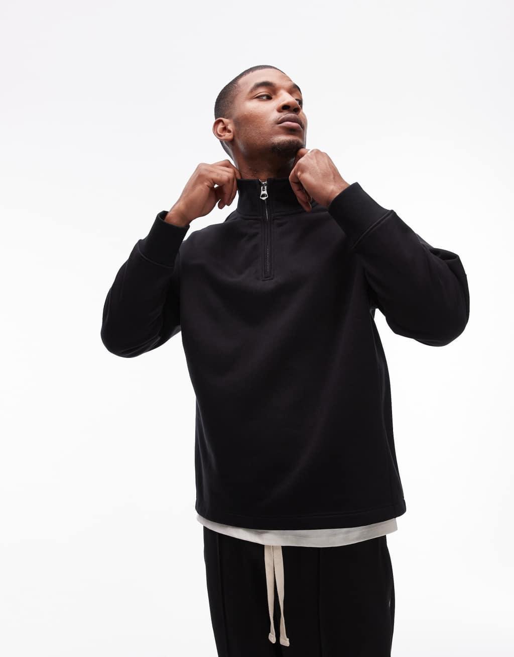 Topman premium heavyweight oversized 1/4 zip sweatshirt in black Product Image