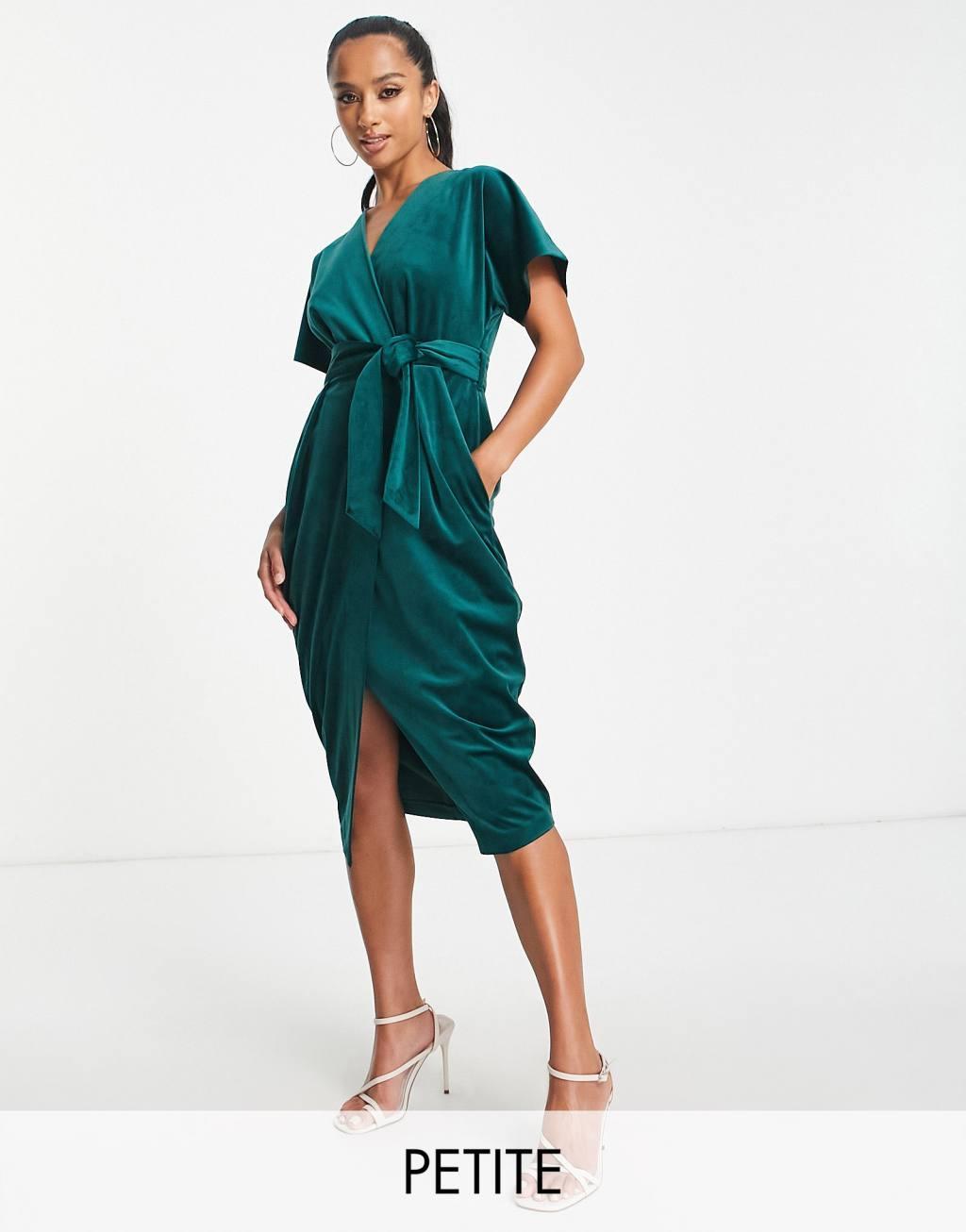 Closet London Petite kimono sleeve velvet midi dress with wrap tie Product Image