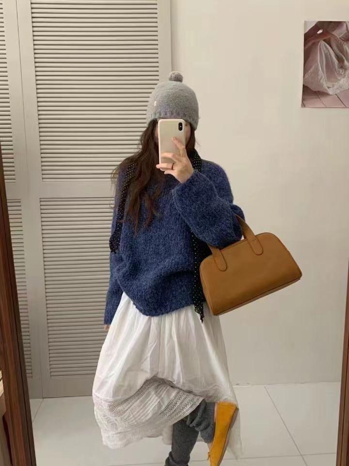 Round Neck Plain Oversized Sweater Product Image