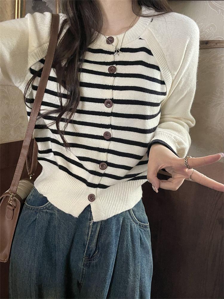 Crew Neck Striped Raglan Button-Up Cardigan Product Image