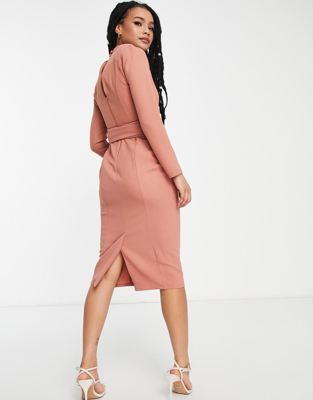 ASOS DESIGN Petite long sleeve midi dress with obi belt in terracotta Product Image