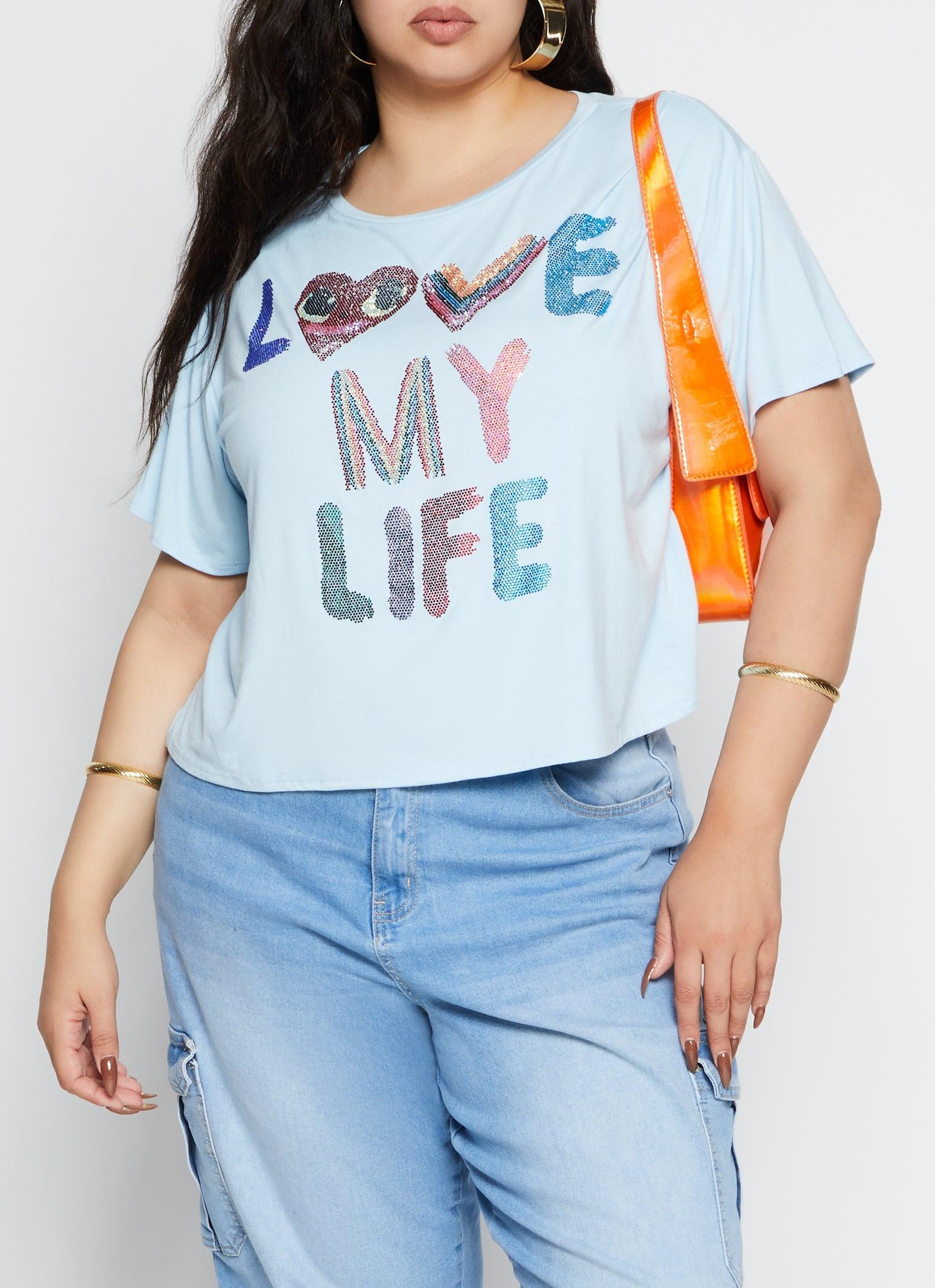 Womens Plus Size Rhinestone Love My Life T Shirt Product Image