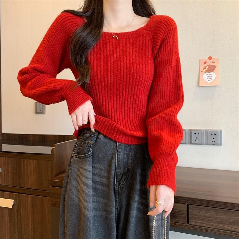 Scoop Neck Plain Ribbed Knit Sweater Product Image