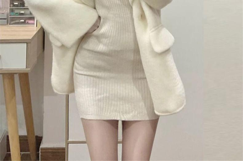 Long-Sleeve Collared Plain Mini Bodycon Knit Dress Product Image