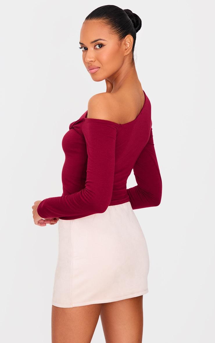 Burgundy Contour Jersey Bardot Twist Detail Long Sleeve Top Product Image