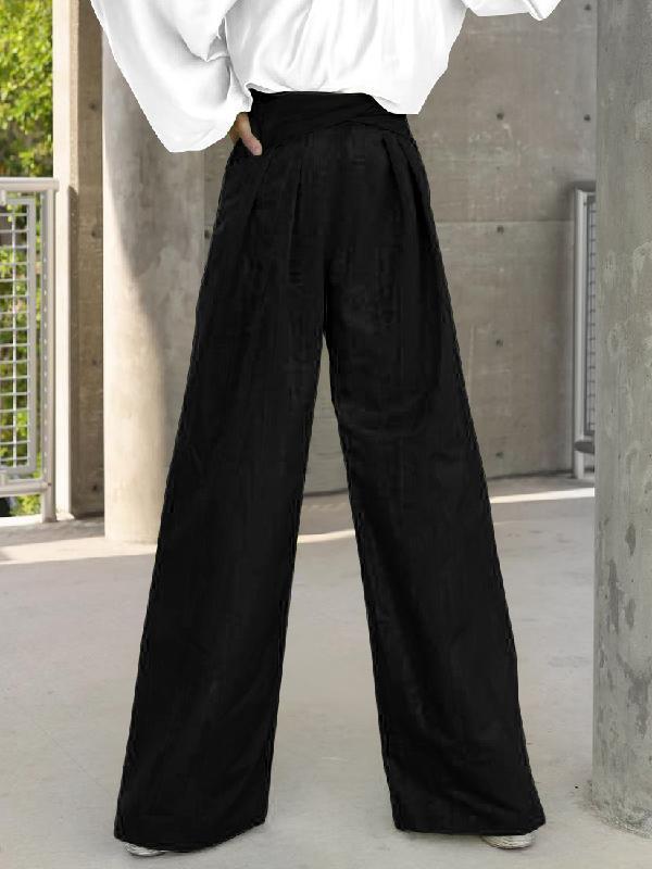 Contrast Color Round-Neck Puff Sleeves Blouse Top + Wide Leg Pants Two Pieces Set Product Image