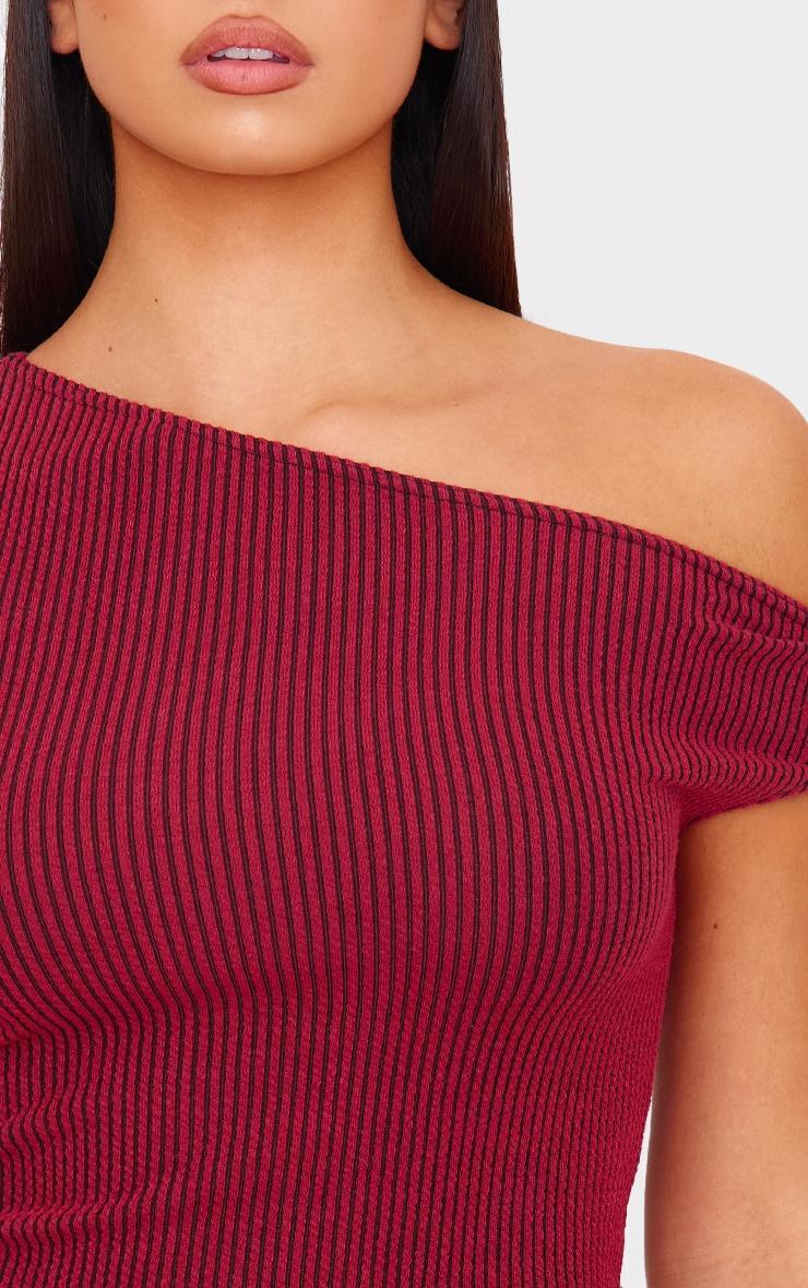 Burgundy Two Tone Crinkle Rib Off Shoulder Top Product Image