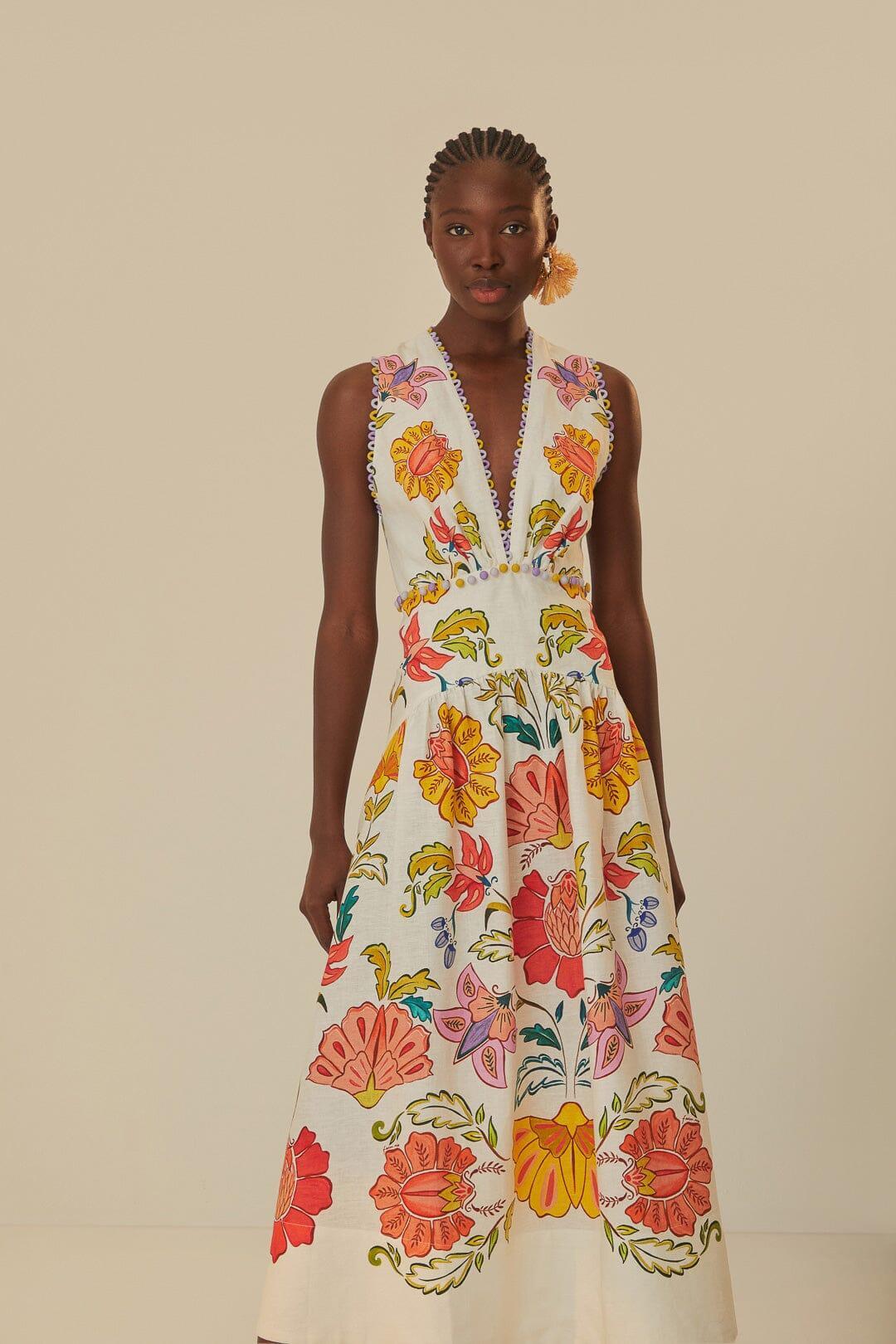 Off-White Floral Insects Euroflax™ Premium Linen Maxi Dress Product Image