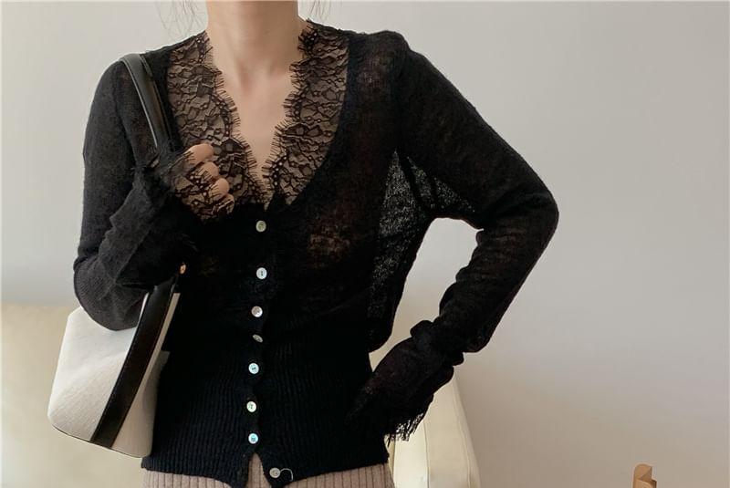 V-Neck Plain Lace Trim Cardigan Product Image