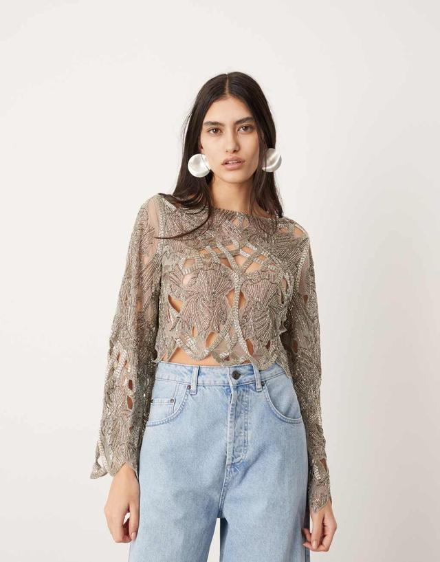 ASOS EDITION cut work nouveau floral embellished long sleeve top Product Image