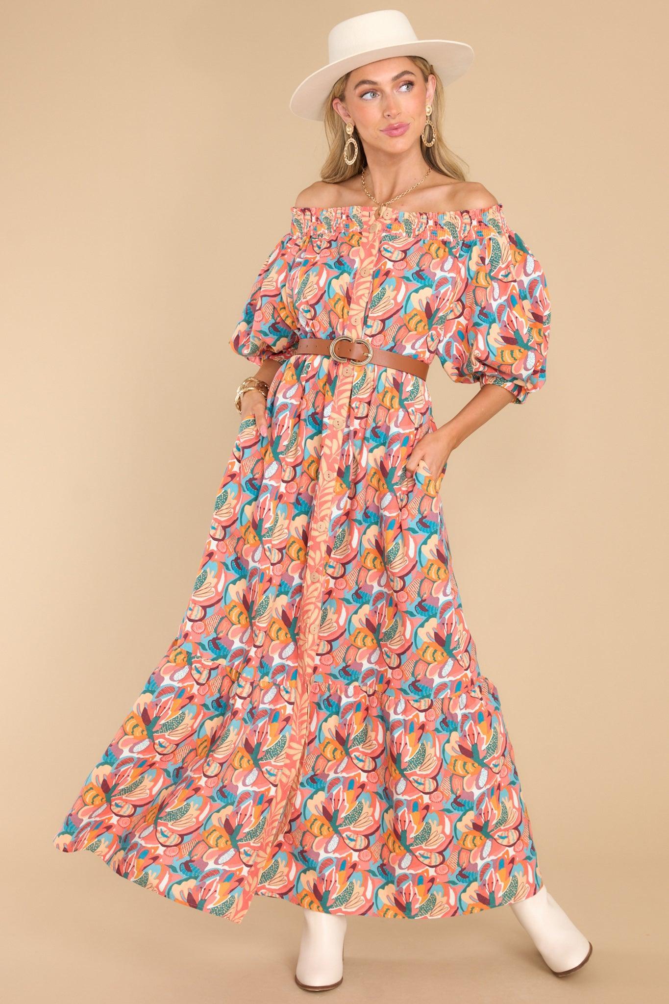 Aura Good Flows To Me Coral Floral Print Maxi Dress Product Image