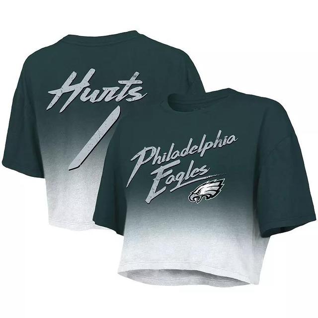 Womens Majestic Threads Jalen Hurts /White Philadelphia Eagles Drip-Dye Player Name & Number Tri-Blend Crop T-Shirt Product Image