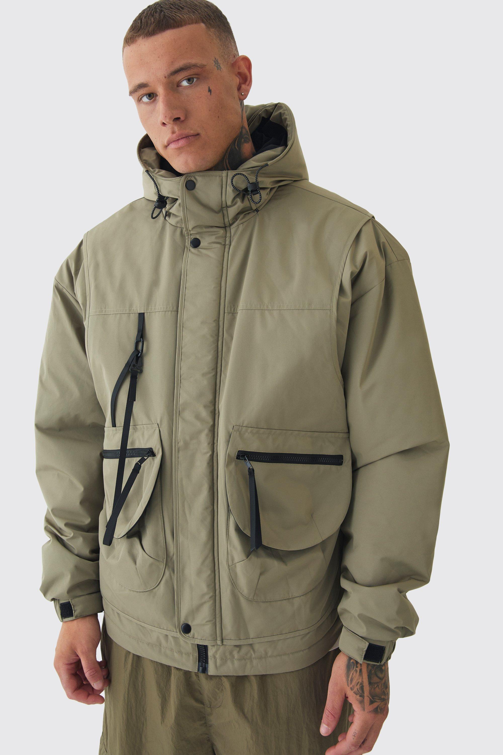 Tall Hooded Utility Tech Parka Jacket In Khaki | boohooMAN USA Product Image