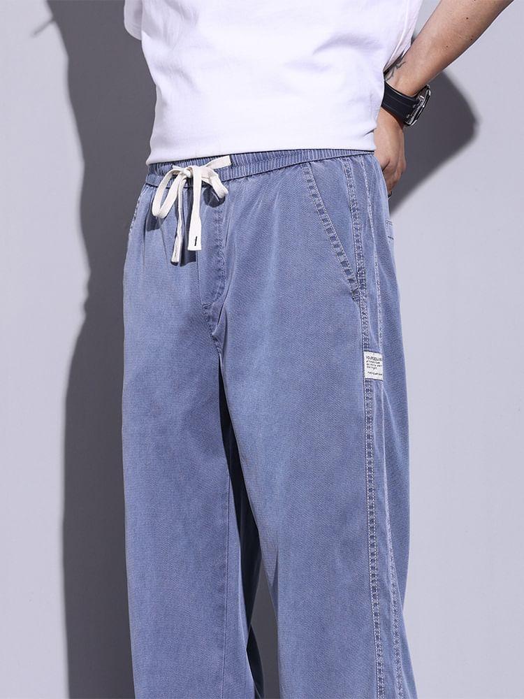 Drawstring Waist Washed Straight Leg Jeans Product Image