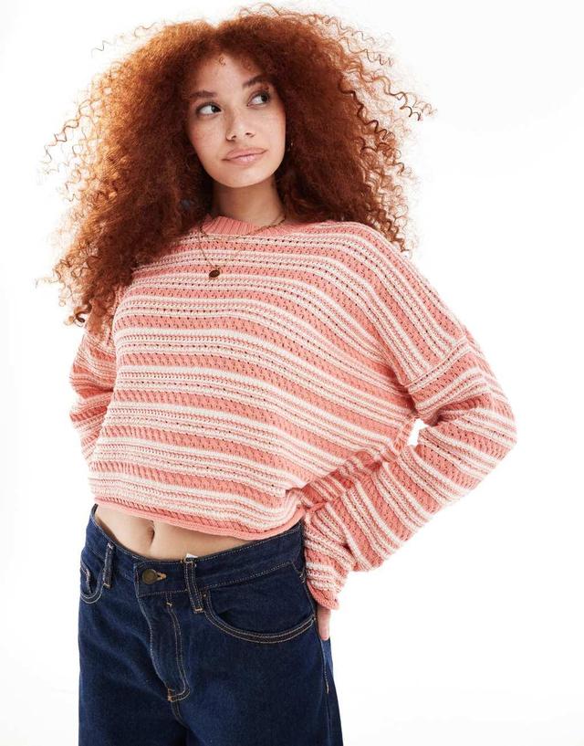 ASOS DESIGN cropped crew neck stitch sweater in peach stripe Product Image