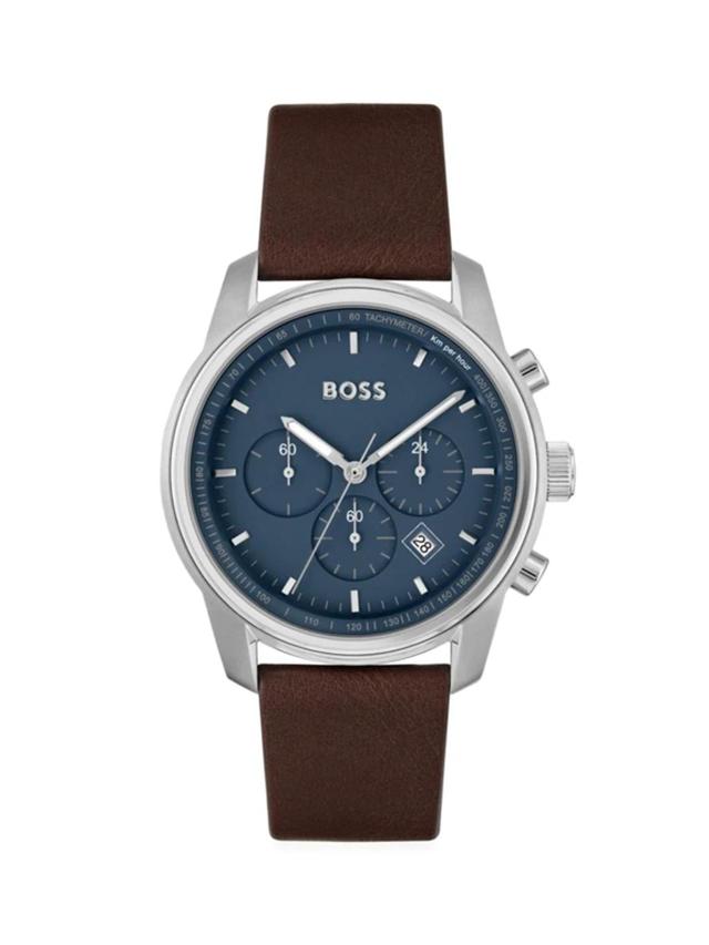 Blue-dial Chronograph Watch With Brown Leather Strap Men's Watches In Black Blue Product Image