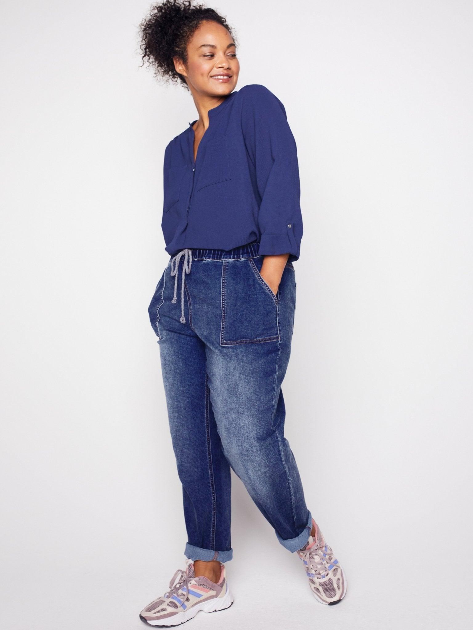 Westport Knit Denim Weekender Pant with Pockets and Drawstring Waist  - Plus Product Image