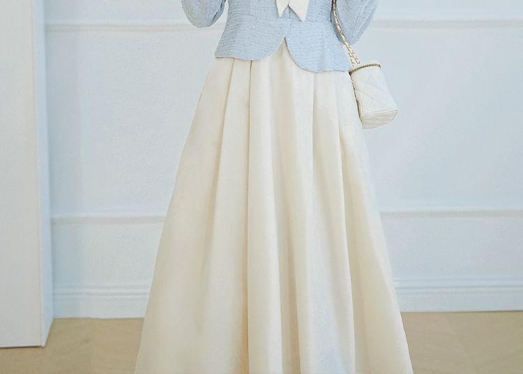 Mock Two-Piece Long-Sleeve Ribbon Neck Midi A-Line Dress Product Image