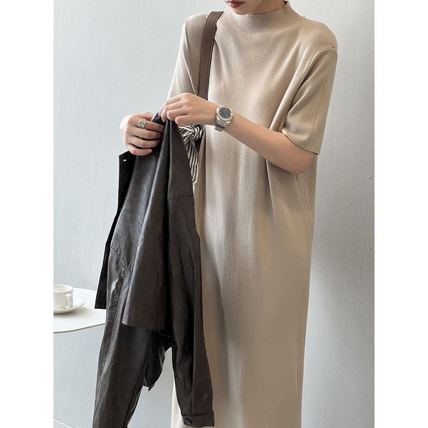 Short-Sleeve Mock Neck Plain Midi Knit Dress Product Image