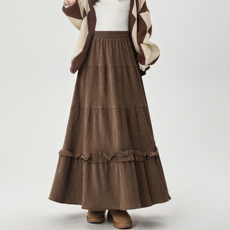 Elastic Waist Plain Ruffle Trim Maxi A-Line Skirt Product Image