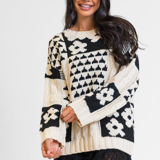 Almost Home Cream and Black Multi Patch Print Chunky Floral Sweater Product Image