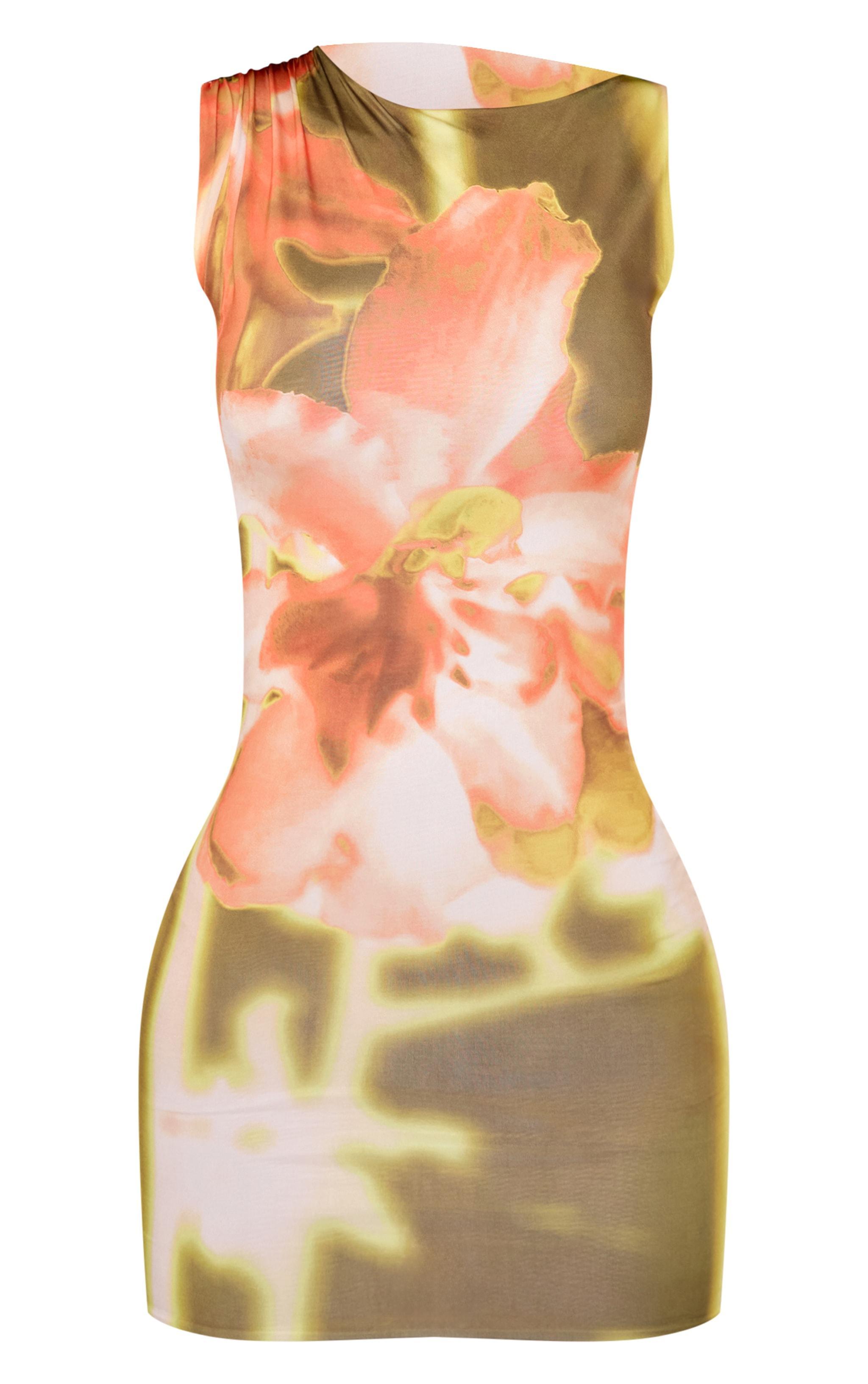 Pink Floral Print Slinky Racer Neck Mini Dress Product Image