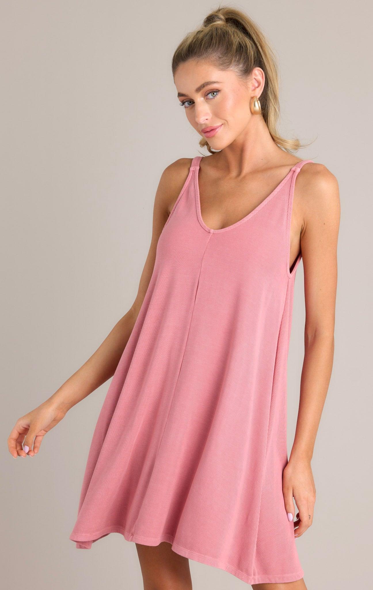 Into The Sky Ribbed Rose Pink Mini Dress Product Image